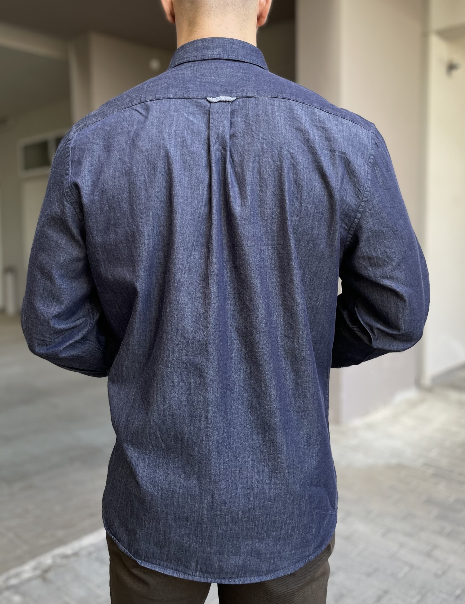 Ανδρικό μπλε με όψη denim βαμβακερό πουκάμισο με γιακά 2077B φωτογραφία